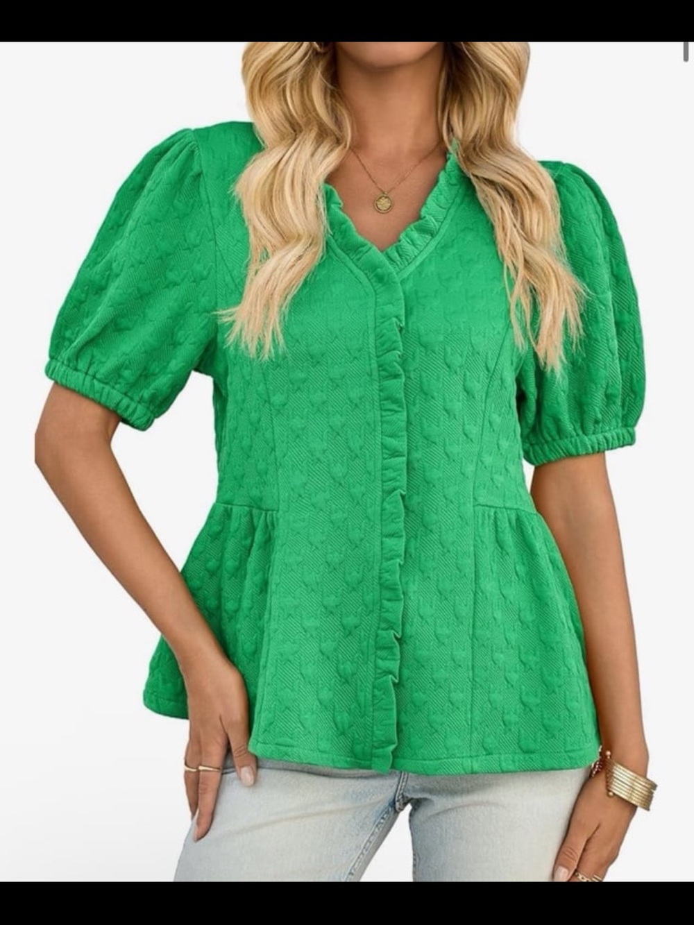 Green peplum Puff-Sleeve Textured V-Neck Top